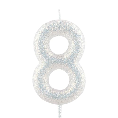 Geburtstagskerzen Nummer 8 weiß Glitter Geburtstag Kerze Kuchen Topper Dekorationen für Party-Feier-Dekor-Zubehör von Cxryrzhe