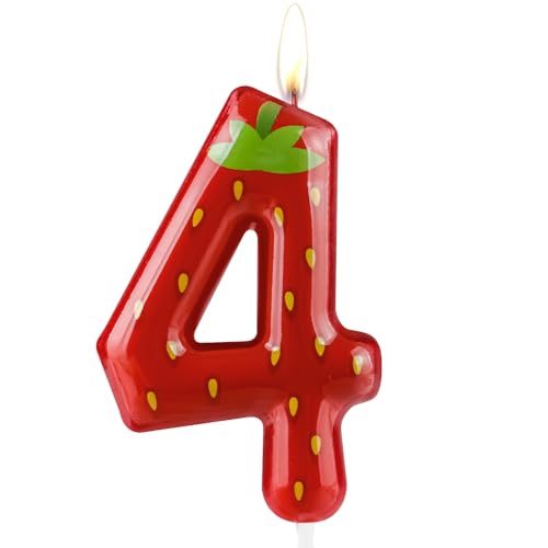 Kerze zum 4. Geburtstag, Erdbeere, Zahl 4, Kerze, Erdbeere, Kuchendekoration, Geburtstagsparty-Zubehör, Erdbeer-Thema, Kuchendekoration, Dekorationen für Kinder, Jungen, Mädchen, Party-Dekorzubehör Kerze zum 4. Geburtstag, Erdbeere, Zahl 4, Kerze, Erdbeere, Kuchendekoration, Geburtstagsparty-Zubehör, Erdbeer-Thema, Kuchendekoration, Dekorationen für Kinder, Jungen, Mädchen, Party-Dekorzubehör von Cxryrzhe