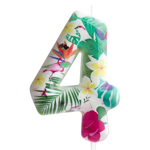 Kerze zum 4. Geburtstag, Flamingo, Zahl 4, Kerze, Flamingo, Kuchendekoration, Geburtstagsparty-Zubehör, weiß, tropische hawaiianische Blumen, Thema, für Babyparty, Kinder, Jungen, Mädchen, von Cxryrzhe