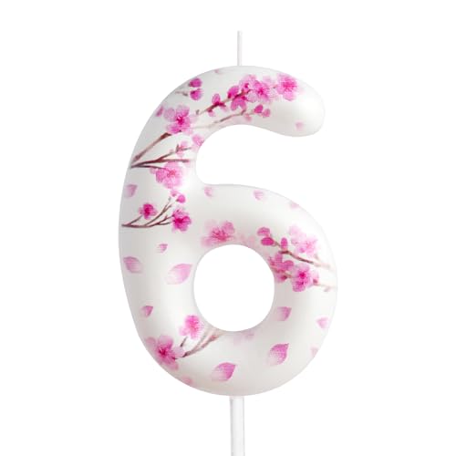 Kerze zum 6. Geburtstag, Kirschblüte, Zahl 6, Kerze, Kirschblüte, Kuchendekoration, Geburtstagsparty-Zubehör, Weiß / Rosa, Sakura-Thema, Kuchendekoration, Dekoration für Kinder, Jungen, Mädchen, von Cxryrzhe