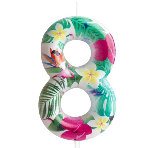 Kerze zum 8. Geburtstag, Flamingo, Zahl 8, Kerze, Flamingo, Kuchendekoration, Geburtstagsparty-Zubehör, weiß, tropische hawaiianische Blumen, Thema, für Babyparty, Kinder, Jungen, Mädchen, von Cxryrzhe