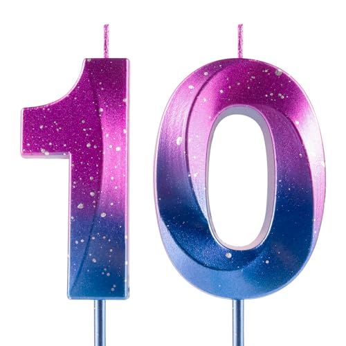 Kerzen mit der Zahl 10 zum 10. Geburtstag, Galaxie-Farbverlauf, Happy Birthday, violett-blauer Farbverlauf, Premium-Wachs und 3D-Diamant-Design, Kuchendekoration, Dekoration für Geburtstagsparty von Cxryrzhe