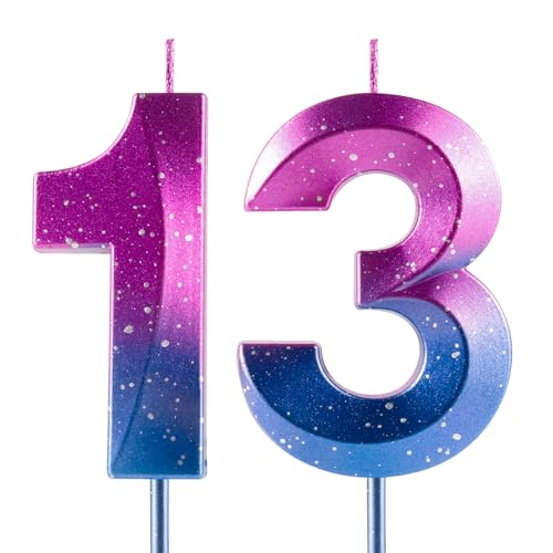 Kerzen mit der Zahl 13 zum 13. Geburtstag, Galaxie-Farbverlauf, Happy Birthday, violett-blauer Farbverlauf, Premium-Wachs und 3D-Diamant-Design, Kuchendekoration, Dekoration für Geburtstagsparty von Cxryrzhe