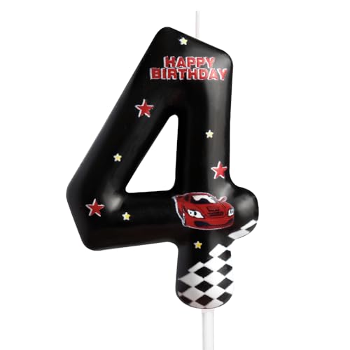 Rennwagen-Geburtstagskerzen, Zahl 4, Stern, schwarz, Rennautos, Verkehrsthema, 4. Geburtstag, Party, für Mädchen, Jungen, Geburtstagstortenaufsatz, Geburtstag, Feier, Jahrestag, Dekorationen Rennwagen-Geburtstagskerzen, Zahl 4, Stern, schwarz, Rennautos, Verkehrsthema, 4. Geburtstag, Party, für Mädchen, Jungen, Geburtstagstortenaufsatz, Geburtstag, Feier, Jahrestag, Dekorationen von Cxryrzhe