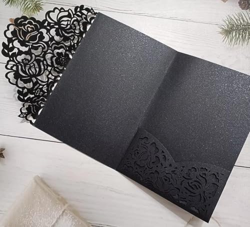 50 Stück rot schimmernde Rose Floral Laser Cut Papier Einladungskarten für Hochzeit Quinceanera Einladungsjacke (schwarz) von Cylallen