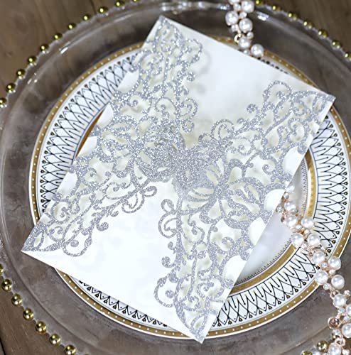 50sets Glitter Laser Cut Lace Flora Hochzeit Einladungskarten mit Schmetterling und Umschlägen für Brautdusche Verlobung Quinceañera Hochzeit Einladung (nur Einladungskarten, Glitzer Silber) von Cylallen