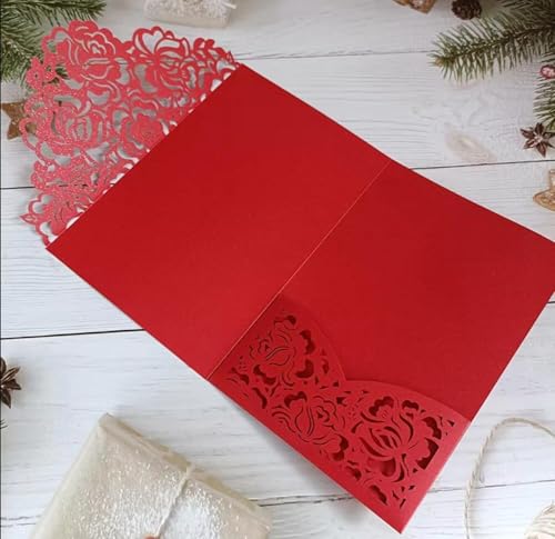 Einladungskarten aus Papier, rot schimmernd, Rose, Blumenmuster, lasergeschnitten, für Hochzeit, Quinceanera, Einladungsjacke, Rot, 50 Stück Einladungskarten aus Papier, rot schimmernd, Rose, Blumenmuster, lasergeschnitten, für Hochzeit, Quinceanera, Einladungsjacke, Rot, 50 Stück von Cylallen