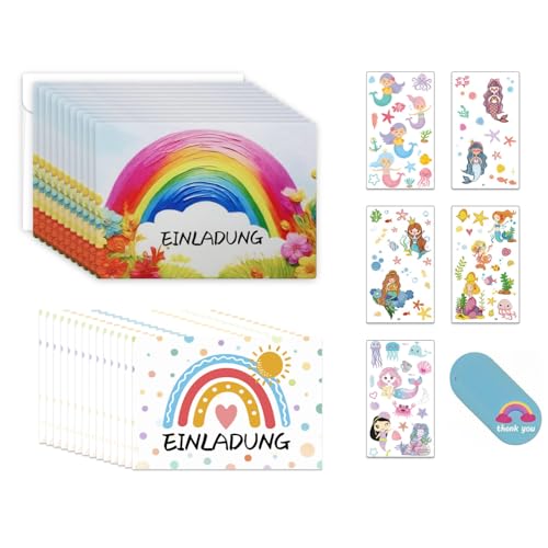 Cylocrya 12x Einladungskarten Kindergeburtstag mit Umschlägen - Bunte Regenbogen Party Einladungen für Mädchen und Jungen, Ideal für Geburtstagsfeiern und Themenpartys, Hochwertiges 350g Papier von Cylocrya