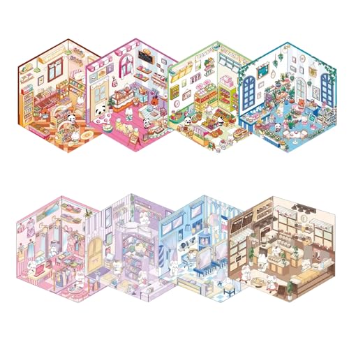 8 Sets 3D House Stickers, Miniatur Haus Sticker 3D, 3D Sticker Scene, für Erwachsene und Kinder, Wiederverwendbare Cartoon-Aufkleber für Fotoalben ﻿ von Cylocrya