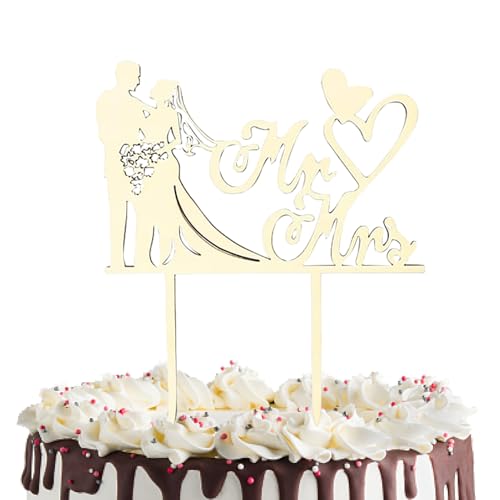 Cake Topper Hochzeit, Brautpaar Figuren Torte, Mr & Mrs Deko Hochzeit,Elegante Tortendeko für Hochzeiten, Jubiläen und Feierlichkeiten, Robust und Wiederverwendbar (Holzfarbe) von Cylocrya