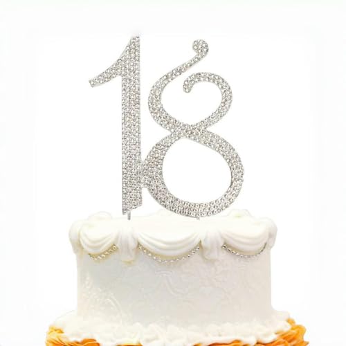 Kuchendekoration, 18 Zahlen, elegant, für Geburtstag und Hochzeitstag, luxuriöses Design mit Kristallen, für Party zum 18. Geburtstag, silberfarben (groß) von Cylocrya