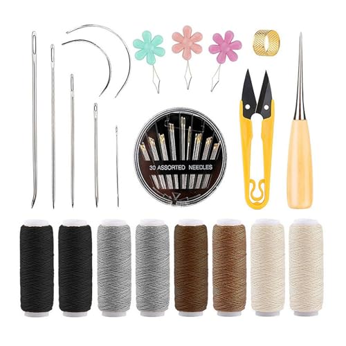 Leder Wachsfaden Cord Nähen Wachsfaden für Lederhandwerk DIY Sewing Craft, inklusive 8 Rollen Wachsfaden in verschiedenen Farben, 7 Nähnadeln, Nähahle und mehr – Ideal für Reparaturen und Handarbeite von Cylocrya
