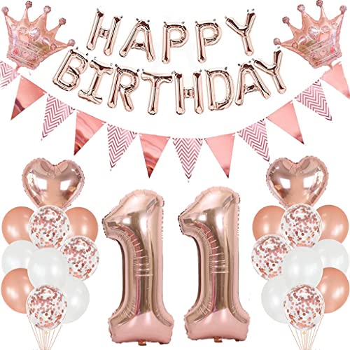 Cymeosh Luftballon 11. Geburtstag Deko Set, Rosegold Geburtstagsdeko 11 Jahre Mädchen, Luftballons Happy Birthday Girlande, Riesen Folienballons 11, Ballon 11 Deko zum Geburtstag von Cymeosh