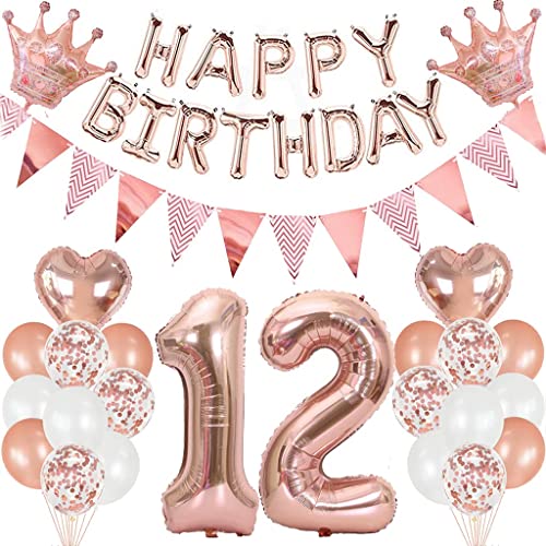 Cymeosh Luftballon 12. Geburtstag Deko Set, Rosegold Geburtstagsdeko 12 Jahre Mädchen, Luftballons Happy Birthday Girlande, Riesen Folienballons 12, Ballon 12 Deko zum Geburtstag von Cymeosh