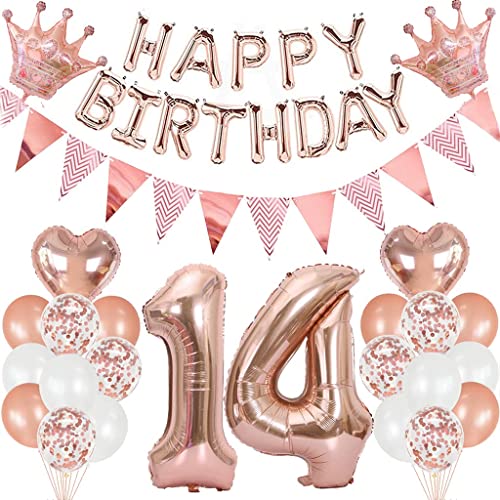 Cymeosh Luftballon 14. Geburtstag Deko Set, Rosegold Geburtstagsdeko 14 Jahre Mädchen, Luftballons Happy Birthday Girlande, Riesen Folienballons 14, Ballon 14 Deko zum Geburtstag von Cymeosh