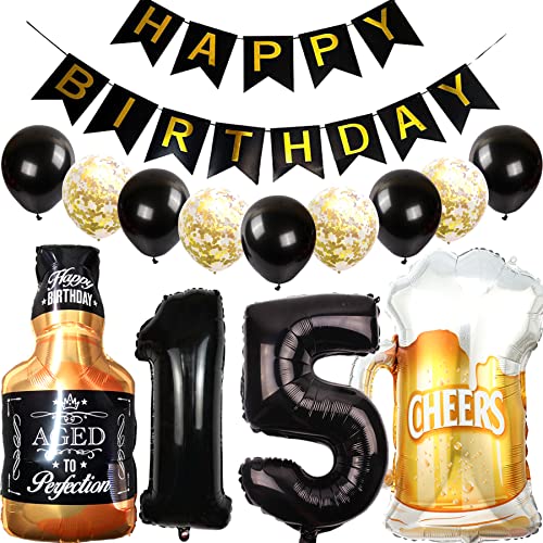 Cymeosh Luftballon 15. Geburtstag Deko Set, Geburtstagsdeko 15 Jahre Junge Mädchen, Folienballon Whiskey Bierglas Ballon Weinflasche Bier Deko, Happy Birthday Banner für 15 Jahr Geburtstag Party Deko von Cymeosh
