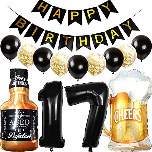 Cymeosh Luftballon 17. Geburtstag Deko Set, Geburtstagsdeko 17 Jahre Junge Mädchen, Folienballon Whiskey Bierglas Ballon Weinflasche Bier Deko, Happy Birthday Banner für 17 Jahr Geburtstag Party Deko von Cymeosh