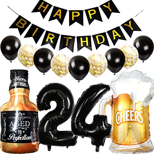 Cymeosh Luftballon 24. Geburtstag Deko Set, Geburtstagsdeko 24 Jahre Mann Frau, Folienballon Whiskey Bierglas Ballon Weinflasche Bier Deko, Happy Birthday Banner für 24 Jahr Geburtstag Party Deko von Cymeosh