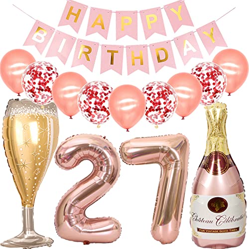 Cymeosh Luftballon 27. Geburtstag Deko Frau, Folienballon Weinflasche Sektflasche Rose Gold Helium Ballon Champagner Flasche, Happy Birthday Banner für Geburtstagsdeko 27 Jahre Frauen Party Deko von Cymeosh