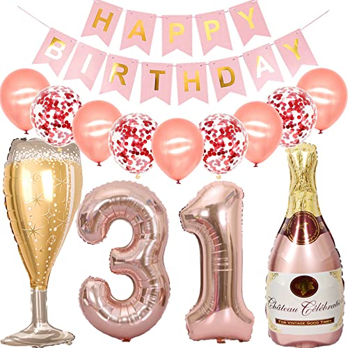 Cymeosh Luftballon 31. Geburtstag Deko Frau, Folienballon Weinflasche Sektflasche Rose Gold Helium Ballon Champagner Flasche, Happy Birthday Banner für Geburtstagsdeko 31 Jahre Frauen Party Deko von Cymeosh
