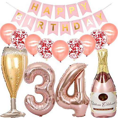 Cymeosh Luftballon 34. Geburtstag Deko Frau, Folienballon Weinflasche Sektflasche Rose Gold Helium Ballon Champagner Flasche, Happy Birthday Banner für Geburtstagsdeko 34 Jahre Frauen Party Deko von Cymeosh
