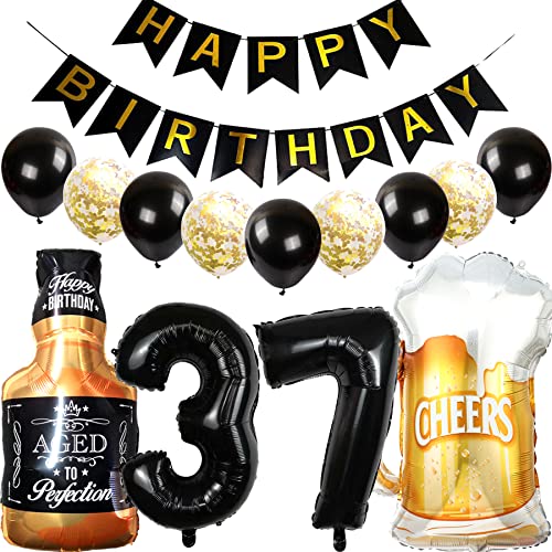 Cymeosh Luftballon 37. Geburtstag Deko Set, Geburtstagsdeko 37 Jahre Mann Frau, Folienballon Whiskey Bierglas Ballon Weinflasche Bier Deko, Happy Birthday Banner für 37 Jahr Geburtstag Party Deko von Cymeosh