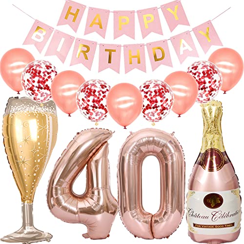 Cymeosh Luftballon 40. Geburtstag Deko Frau, Folienballon Weinflasche Sektflasche Rose Gold Helium Ballon Champagner Flasche, Happy Birthday Banner für Geburtstagsdeko 40 Jahre Frauen Party Deko von Cymeosh