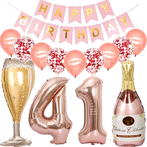 Cymeosh Luftballon 41. Geburtstag Deko Frau, Folienballon Weinflasche Sektflasche Rose Gold Helium Ballon Champagner Flasche, Happy Birthday Banner für Geburtstagsdeko 41 Jahre Frauen Party Deko von Cymeosh