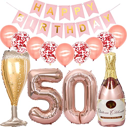 Cymeosh Luftballon 50. Geburtstag Deko Frau, Folienballon Weinflasche Sektflasche Rose Gold Helium Ballon Champagner Flasche, Happy Birthday Banner für Geburtstagsdeko 50 Jahre Frauen Party Deko von Cymeosh