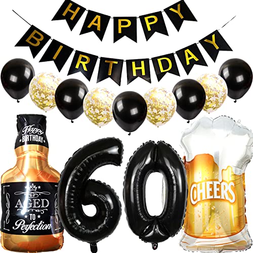 Cymeosh Luftballon 60. Geburtstag Deko Set, Geburtstagsdeko 60 Jahre Mann Frau, Folienballon Whiskey Bierglas Ballon Weinflasche Bier Deko, Happy Birthday Banner für 60 Jahr Geburtstag Party Deko von Cymeosh