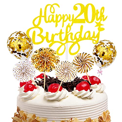Cymeosh Tortendeko 20 Geburtstag Mädchen Junge, Kuchendeko Happy Birthday Gold, Glitter Cake Topper mit Konfetti Luftballons und Papierfächer, Geburtstagstorte Deko für 20. Geburtstag Party Deko von Cymeosh