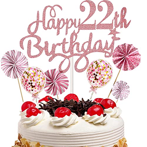 Cymeosh Tortendeko 22 Geburtstag Mädchen, Kuchendeko Happy Birthday Glitter Cake Topper mit Konfetti Luftballons und Papierfächer, Kuchen Dekoration für 22. Geburtstag Party Dekoration von Cymeosh