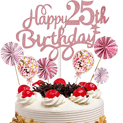 Cymeosh Tortendeko 25. Geburtstag Kuchendeko Happy 25th Birthday Kuchen Topper, Picks Cake Topper Happy Birthday Ballons Konfetti, Tortenstecker für 25. Geburtstag Party Deko von Cymeosh