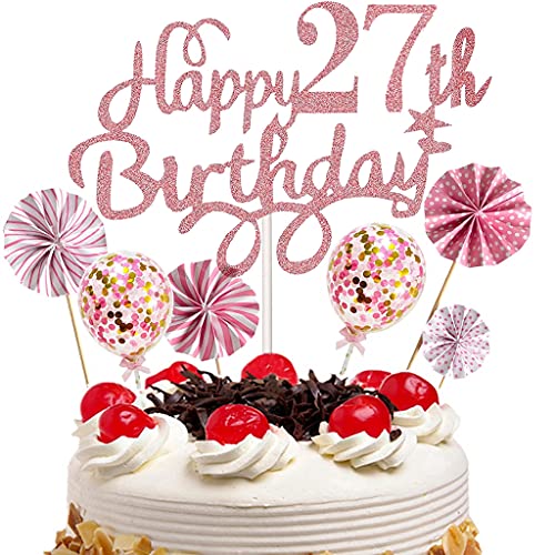 Cymeosh Tortendeko 27. Geburtstag Frau Kuchendeko Happy 27th Birthday Kuchen Topper, Picks Cake Topper Happy Birthday Ballons Konfetti, Tortenstecker für 27. Geburtstag Party Deko von Cymeosh