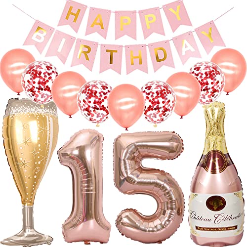Cymeosh Luftballon 15. Geburtstag Deko Set, Folienballon Weinflasche Sektflasche Deko, Helium Ballon Champagner Flasche Rose für Geburtstagsdeko 15 Jahre Mädchen Kinder Party Dekoration von Cymeosh