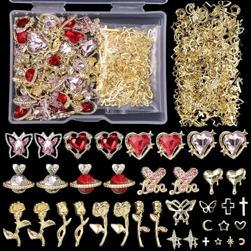 Cynailli 320 Stück Herzanhänger und Edelsteine für Fingernägel in Herzform mit goldener Rose, Strass-Charms für Fingernägel in Schmetterlingsform, 3D-Diamanten-Anhänger aus Legierung für Nägel Cynailli 320 Stück Herzanhänger und Edelsteine für Fingernägel in Herzform mit goldener Rose, Strass-Charms für Fingernägel in Schmetterlingsform, 3D-Diamanten-Anhänger aus Legierung für Nägel von Cynailli
