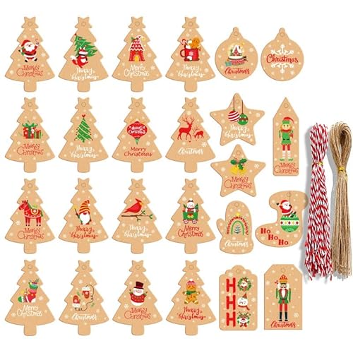 Cyodoos 50 Stück 25 Designs Frohe Weihnachten Kraftpapier Geschenkanhänger mit natürlicher Jute-Schnur für Kunsthandwerk, Verpackung, Geschenk-Etikett von Cyodoos