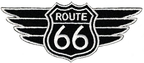 Route 66 Wings schwarz bestickter Aufnäher zum Aufbügeln Autobahn Straßenschild Biker Emblem von Cypress Collectibles Embroidered Patches