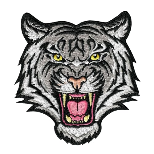 Weißer Tiger-Aufnäher, bestickt, zum Aufbügeln, brüllender Bengalen, gestreiftes Souvenir von Cypress Collectibles Embroidered Patches