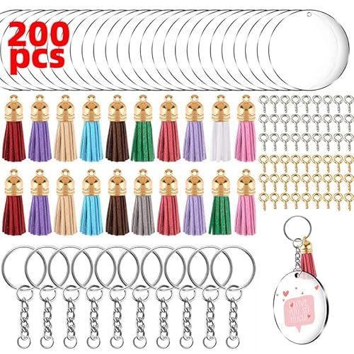 200pcs Acryl -Schlüsselbund leere, Quastenschlüsselkäse -Set mit farbigen Quasten -Augenschrauben Gold für die DIY -Schlüsselkette basteln ﻿ (Gold) von Cyrank