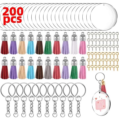 200pcs Acryl -Schlüsselbund leere, Quastenschlüsselkäse -Set mit farbigen Quasten -Augenschrauben Gold für die DIY -Schlüsselkette basteln ﻿ (Silber) von Cyrank