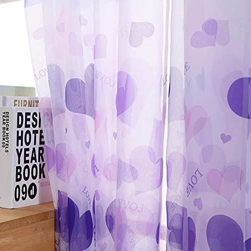 Cyrank Durchsichtige Vorhänge, mit Liebesherzen bedruckter Fenstervorhang, halbtransparente Vorhänge, Tüll-Fensterbehandlung, Langer Voile, Verdunkelungsvorhang(Violett) von Cyrank