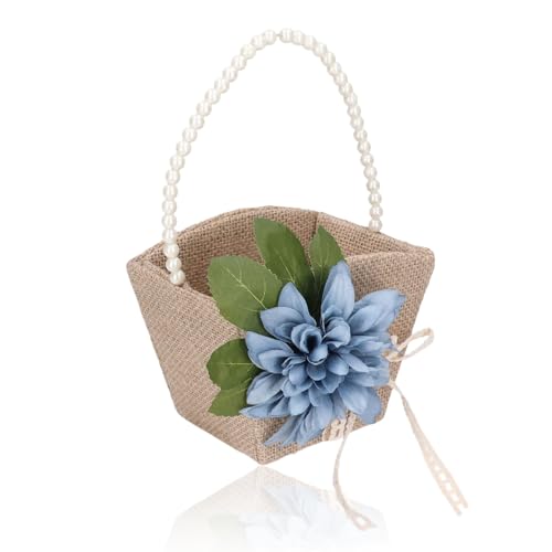 Jute-Blumenmädchen-Korb, Hochzeitskorb für Blumenmädchen mit Perlengriff, Leinen-Hochzeits-Blumenkörbe für die Zeremonie(Blau) von Cyrank