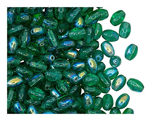 50 pcs Glasperlen Oliven 6x4 mm, Transparent Smaragd AB, Tschechisches Glas von Czech Glass
