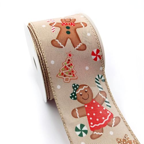 Designer' Shop WR 63-5220 Weihnachtsband mit Drahtrand, 6,3 cm x 9,1 m, hellbraune Sackleinen mit charmanten Lebkuchen-Zuckerstangen und Urlaubssymbolen, perfekt für Kränze, Geschenkverpackungen von D DESIGNER'S SHOP