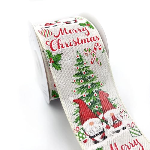 Designer's Shop WR 63-5205 Merry Christmas Zwerg & Baum mit Drahtrand – 6,3 cm x 9,1 m – Urlaub Zuckerstange, Geschenk und Stechpalme Design – Rustikales Weihnachts-Bastelband für Kränze, Girlande von D DESIGNER'S SHOP