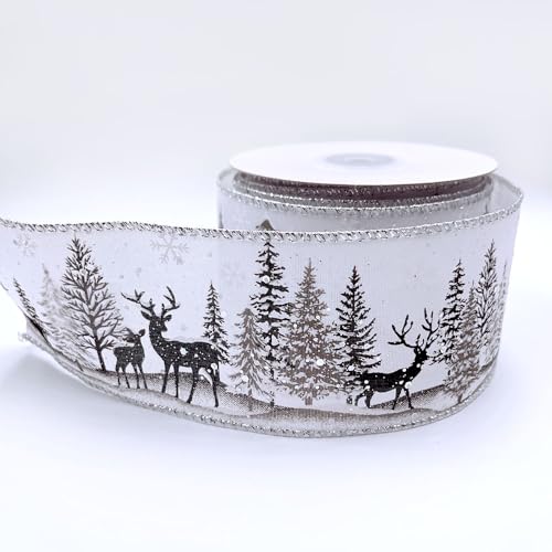 Designer's Shop WR 63-5206 Winterwald Rentier Band mit Drahtrand – 6,3 cm x 9,1 m – Schneehirsch-Szene auf Weiß – Weihnachtsbasteln, Kranz & Geschenkverpackung Dekoration von D DESIGNER'S SHOP