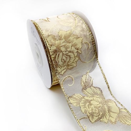 Designer's Shop WR 63-5210 Band mit Drahtrand, 6,3 cm x 9,1 m, für Bastelarbeiten, Schleifenkranz, Dekoration (Gold) von D DESIGNER'S SHOP