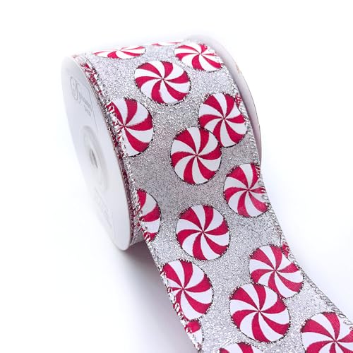 Designer's Shop WR 63-5212 Holiday Peppermint Candy Schleifenband mit Drahtrand, 6,3 cm x 9,1 m, silberfarbener Glitzer-Hintergrund, Weihnachtsgeschenkverpackung, Schleifen, Kränze, DIY Handwerk von D DESIGNER'S SHOP