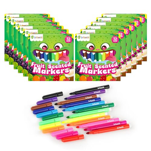 D-FantiX 12 Boxen Fruchtige Abwaschbare Marker für Kinder & Kleinkinder, 144-Teiliges Filzstift mit runder Spitze, Kunstbedarf in Großpackung, Schulmaterialien zum Schulstart, Geschenke für Partys von D-FantiX